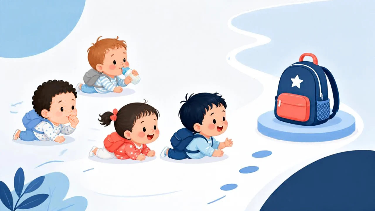 Babies crawling towards a school backpack