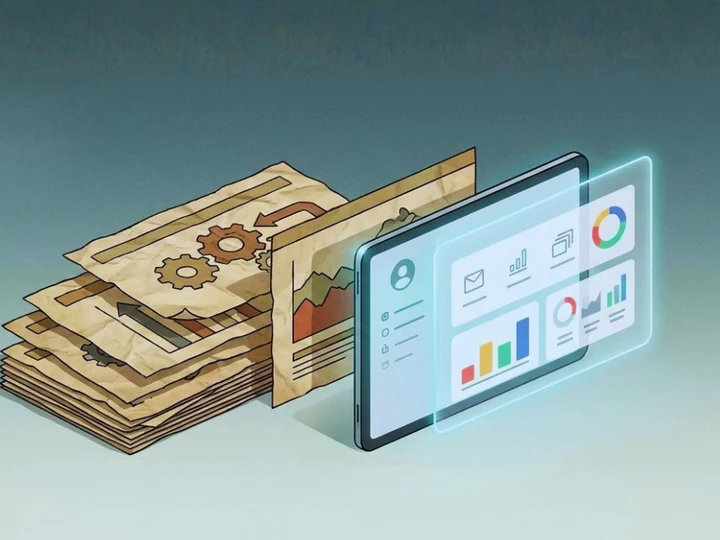 Illustration of a stack of old paper reports transforming into a digital dashboard