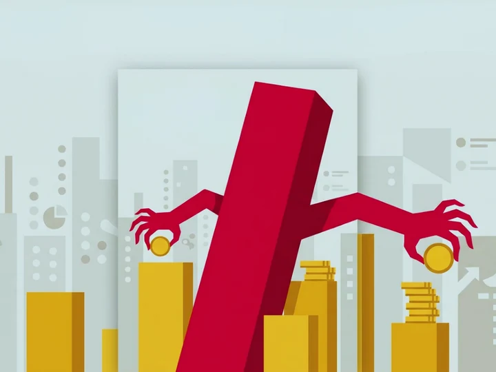 Illustration of a bar chart column with greedy hands grabbing coins