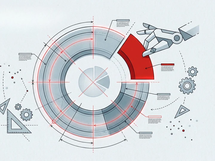 Technical blueprint illustration of a donut chart with a robotic hand adjusting a slice