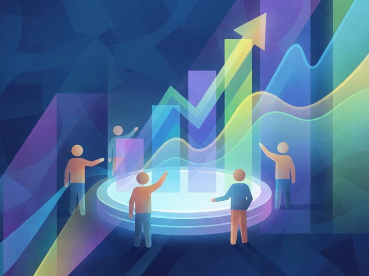 Illustration of a team gathered around glowing, rising bar and line charts