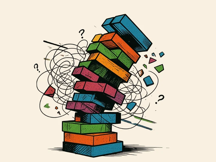 Illustration of a precarious, wobbling tower of stacked coloured blocks